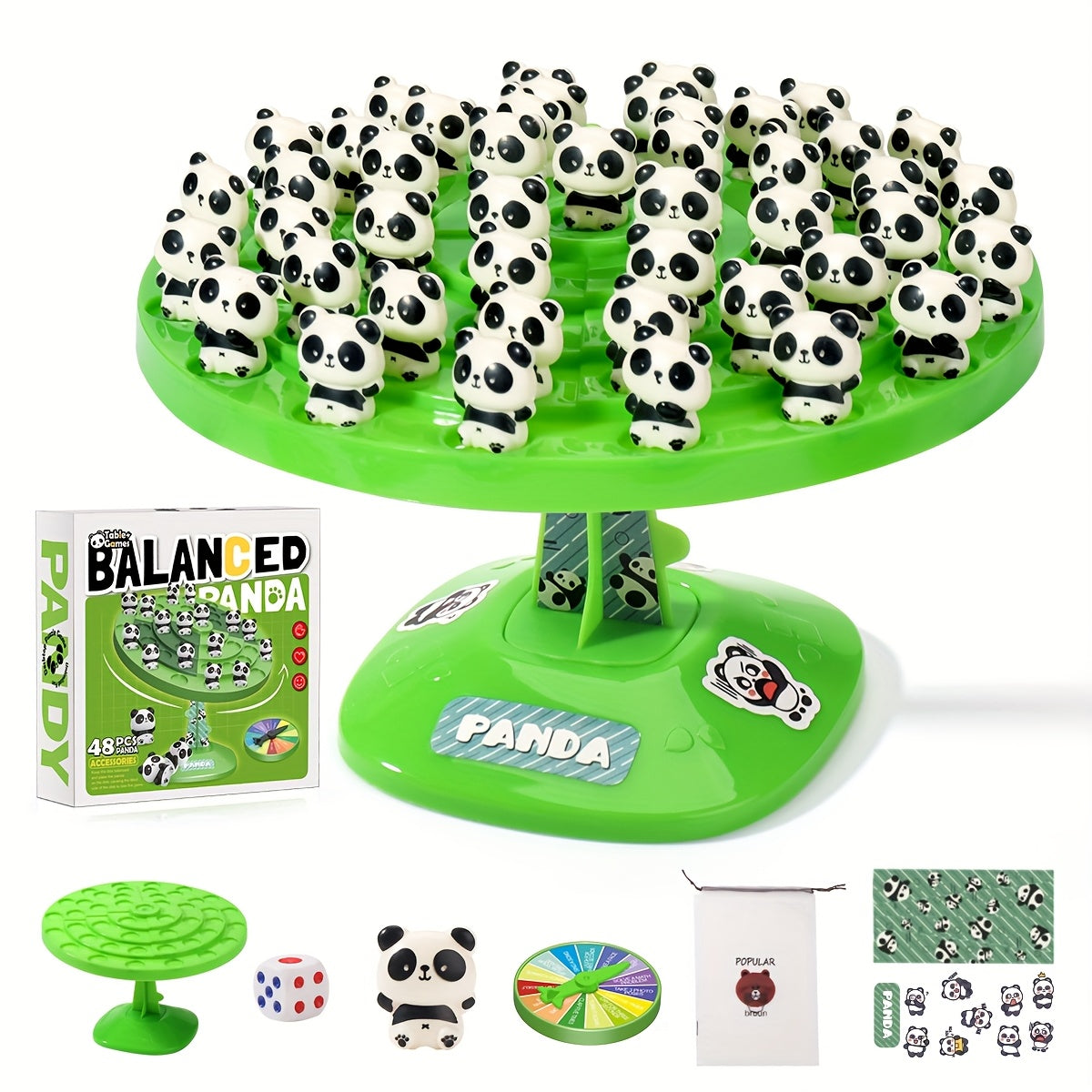 Jeu d'équilibre Panda - Puzzle interactif familial avec 46 défis amusants, base en plastique vert et figurines de pandas noir\u002Fblanc, jeu éducatif STEM pour enfants et parents