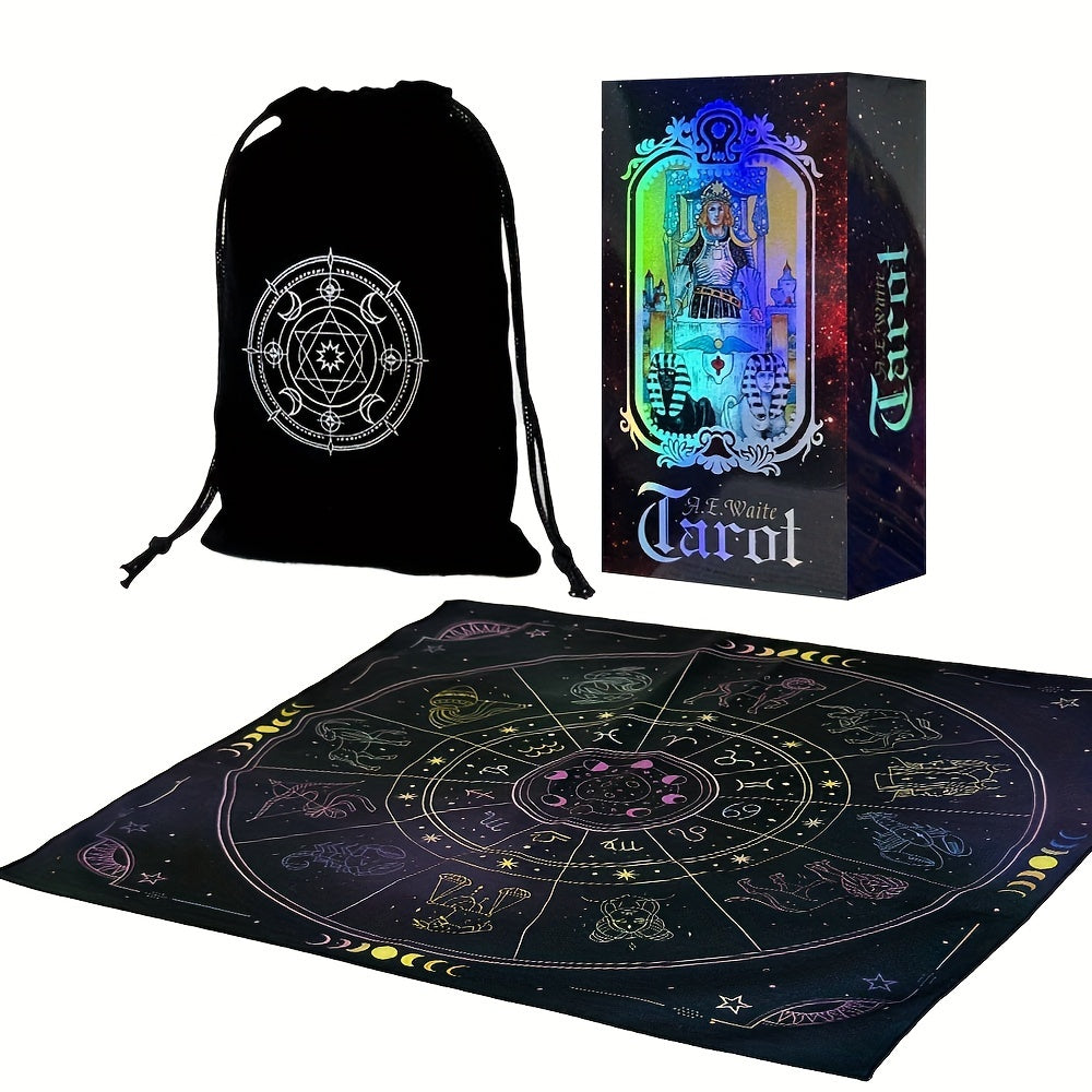 Jeu de Tarot, Ensemble de 78 Cartes Classiques avec Guide, Tapis de Constellation pour Autel et Pendule, Sac de Rangement Portable pour Cartes, Jouet de Divination Holographique pour Débutants et Lecteurs Experts (3pcs)