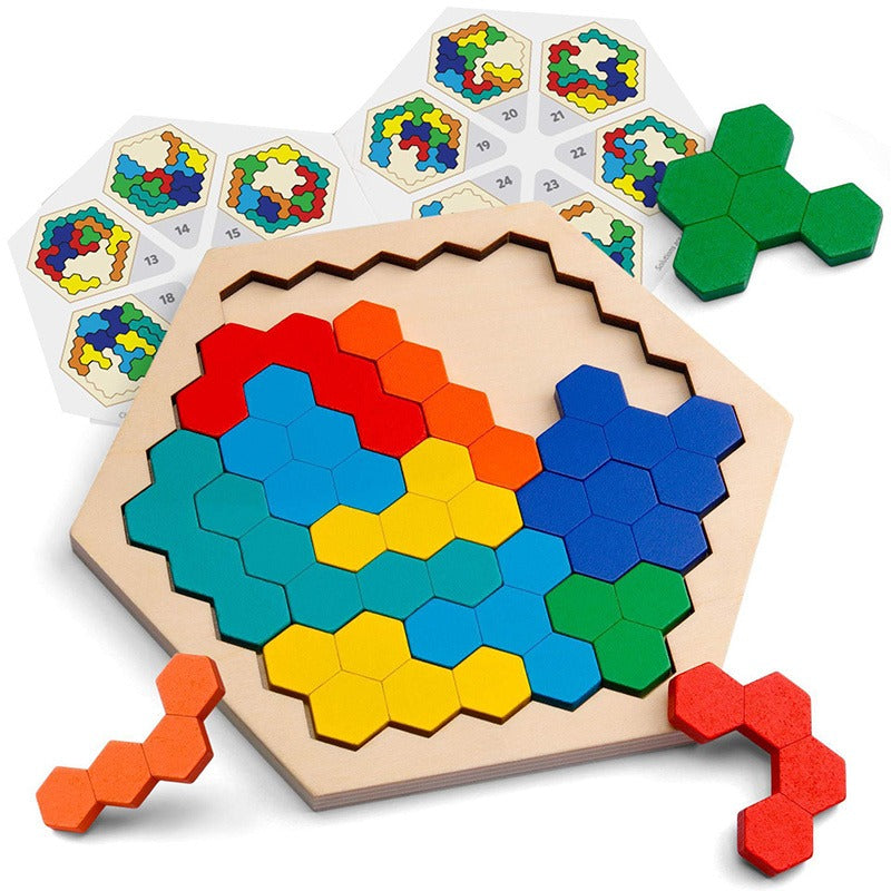 Puzzles en bois hexagonaux en 3D pour enfants, conçus comme jouets éducatifs. Ces jeux de Tangram sont parfaits pour tester l'intelligence et font des cadeaux de Noël et de vacances.