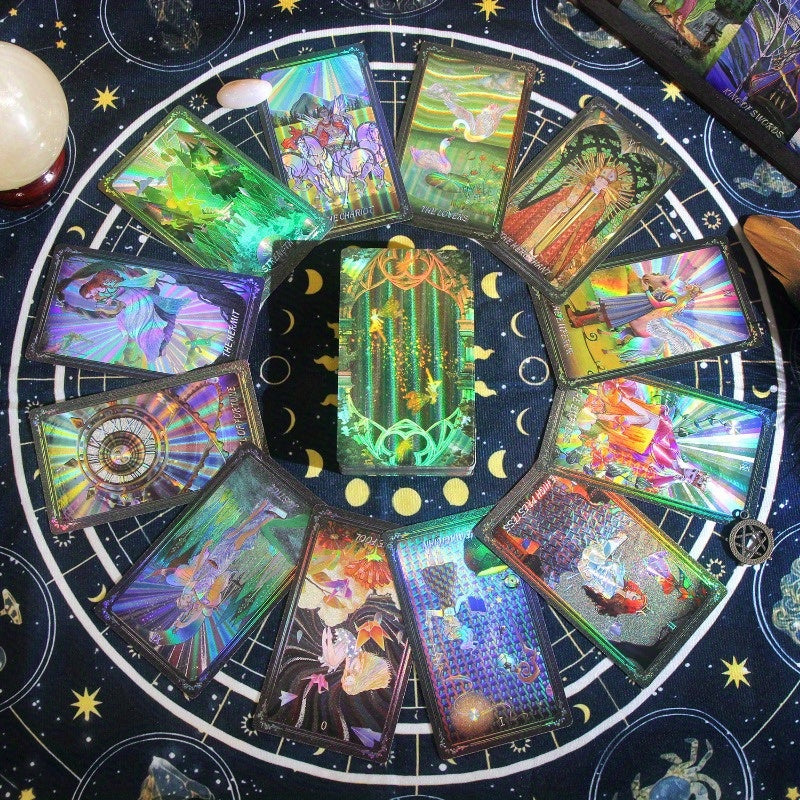 Jeu de cartes de tarot Shuttle Mirror avec guide - 78 cartes de taille standard de tarot - Cartes laser dorées, imperméables et résistantes à la flexion