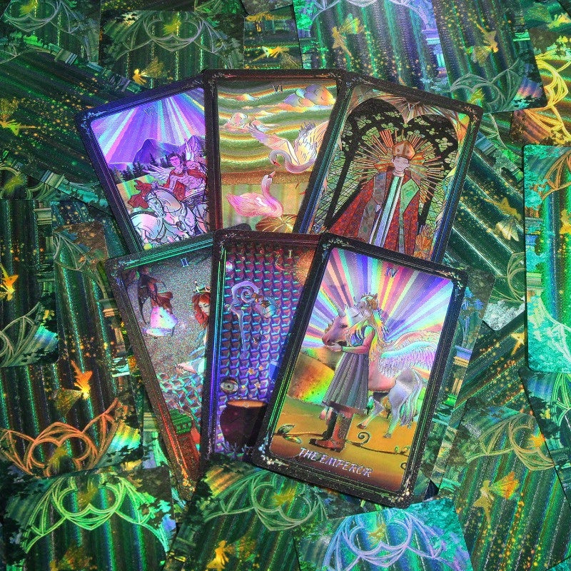 Jeu de cartes de tarot Shuttle Mirror avec guide - 78 cartes de taille standard de tarot - Cartes laser dorées, imperméables et résistantes à la flexion