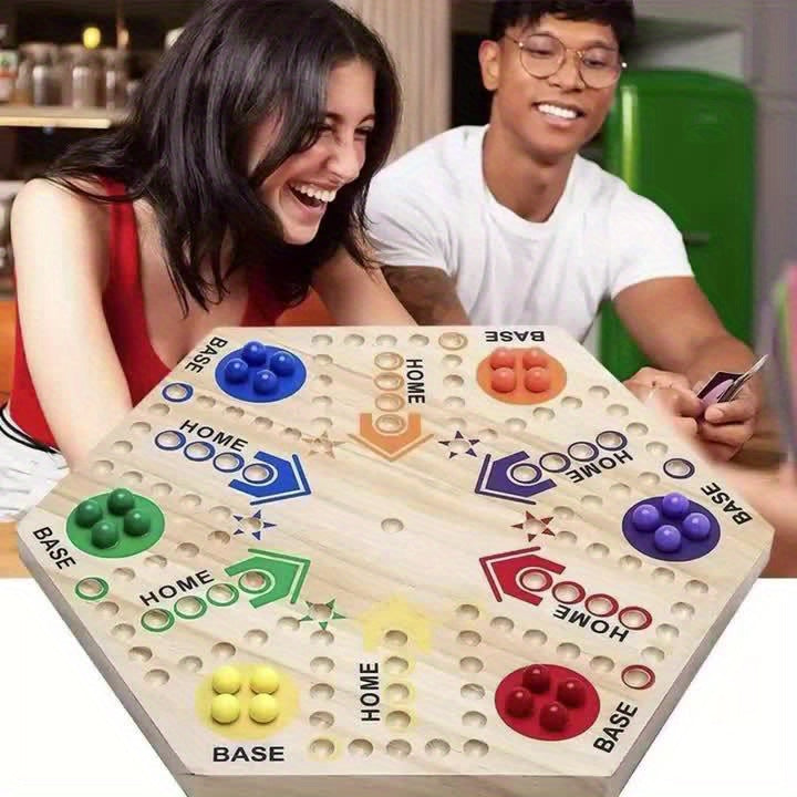 Un Jeu de Société en Bois de Haute Qualité à Double Face, Échiquier Volant pour Fête, pour 4-6 Joueurs, avec 6 Couleurs 24 Billes + 6 Dés, le Meilleur Choix pour les Passionnés de Jeux