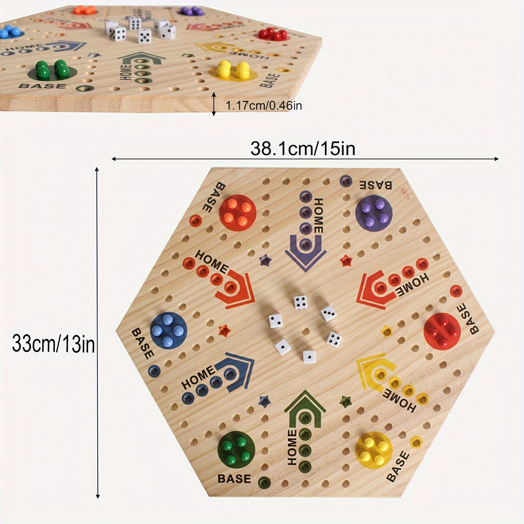 Jeu d'Échecs en Bois 1 pièce, Peint à Double Face pour 2-6 Joueurs avec Échecs Volants et 24 Billes de 6 Couleurs + 6 Dés, Adapté aux Fêtes, Adultes, Famille & Amis