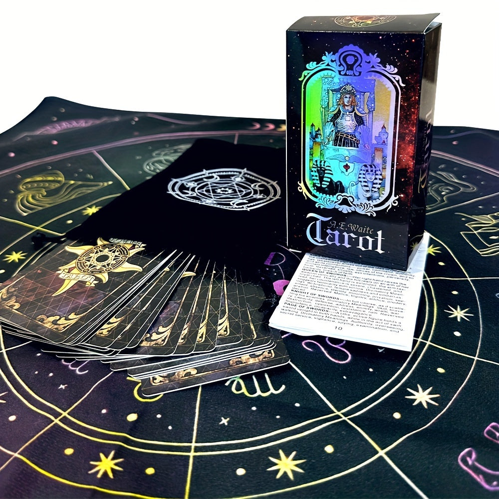 Jeu de Tarot, Ensemble de 78 Cartes Classiques avec Guide, Tapis de Constellation pour Autel et Pendule, Sac de Rangement Portable pour Cartes, Jouet de Divination Holographique pour Débutants et Lecteurs Experts (3pcs)