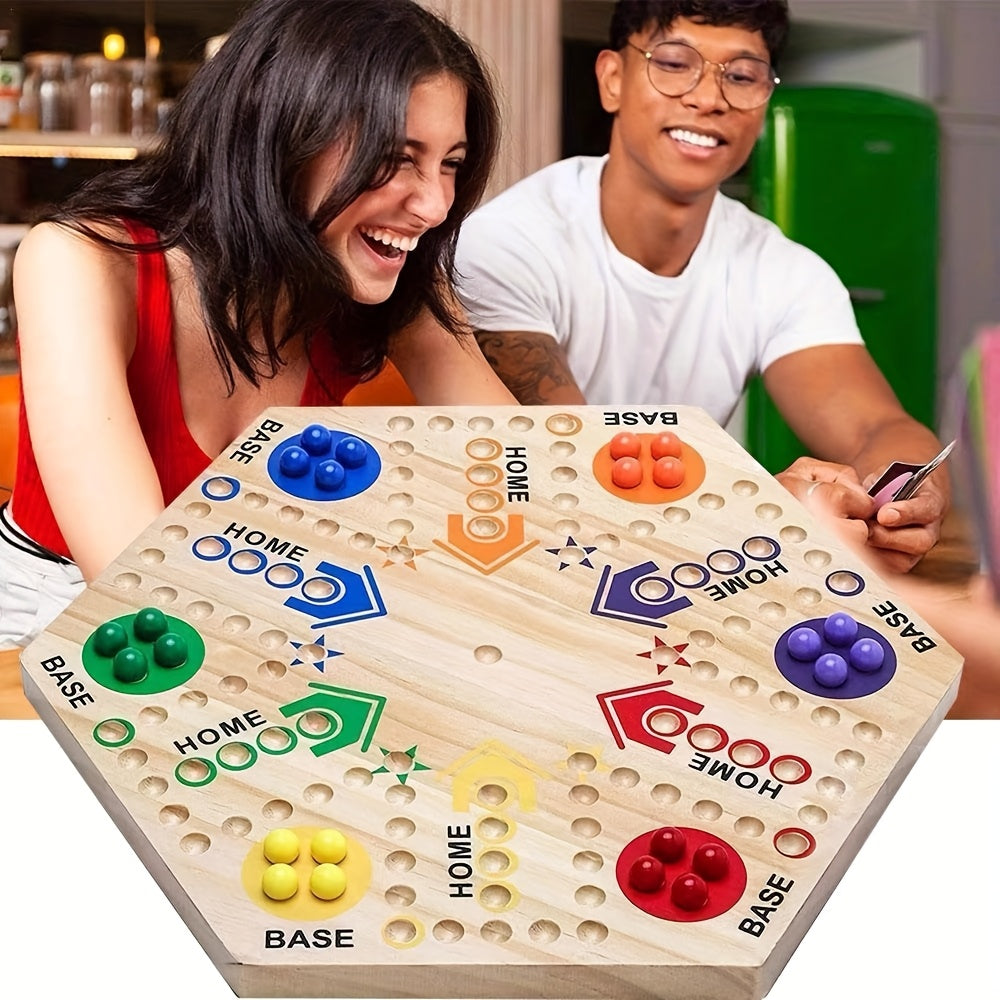 Un Jeu de Société en Bois de Haute Qualité à Double Face, Échiquier Volant pour Fête, pour 4-6 Joueurs, avec 6 Couleurs 24 Billes + 6 Dés, le Meilleur Choix pour les Passionnés de Jeux