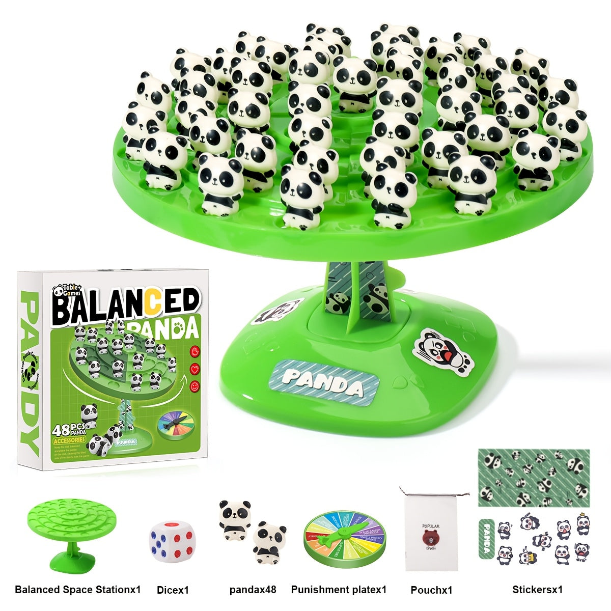 Jeu d'équilibre Panda - Puzzle interactif familial avec 46 défis amusants, base en plastique vert et figurines de pandas noir\u002Fblanc, jeu éducatif STEM pour enfants et parents