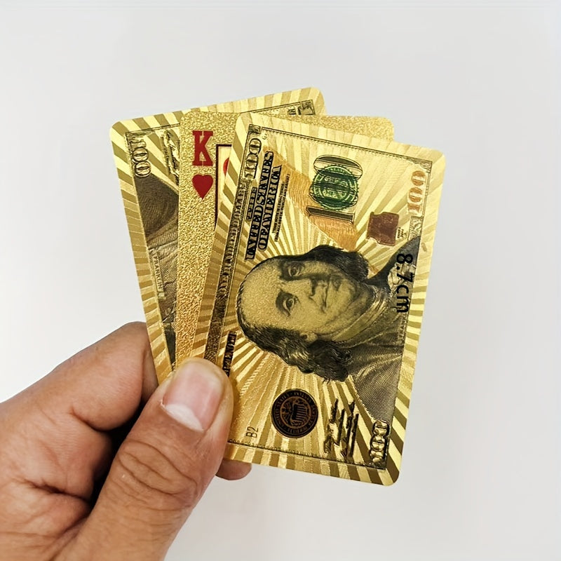 Cartes à Jouer en Feuille d'Or de Luxe avec Design de Dollar Américain - PVC Durable, Étanche & Lavable - Idéales pour Halloween, Noël, Thanksgiving, Oktoberfest et Célébrations du Nouvel An