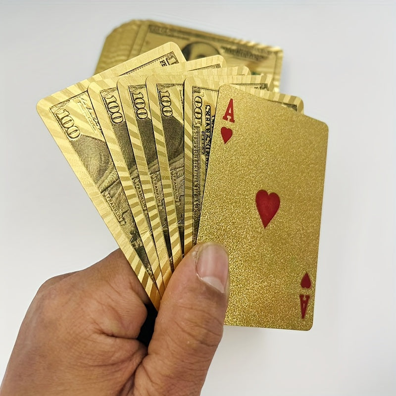 Cartes à Jouer en Feuille d'Or de Luxe avec Design de Dollar Américain - PVC Durable, Étanche & Lavable - Idéales pour Halloween, Noël, Thanksgiving, Oktoberfest et Célébrations du Nouvel An