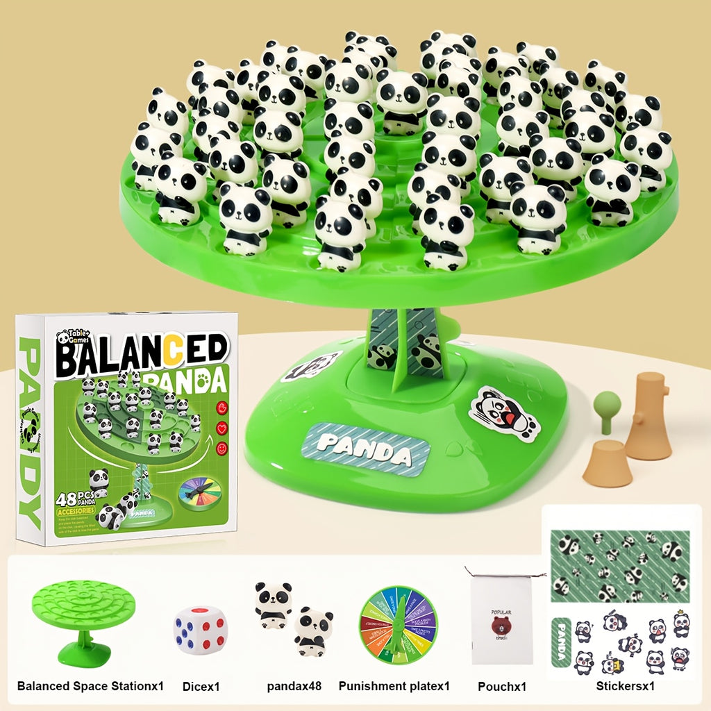 Jeu d'équilibre Panda - Puzzle interactif familial avec 46 défis amusants, base en plastique vert et figurines de pandas noir\u002Fblanc, jeu éducatif STEM pour enfants et parents