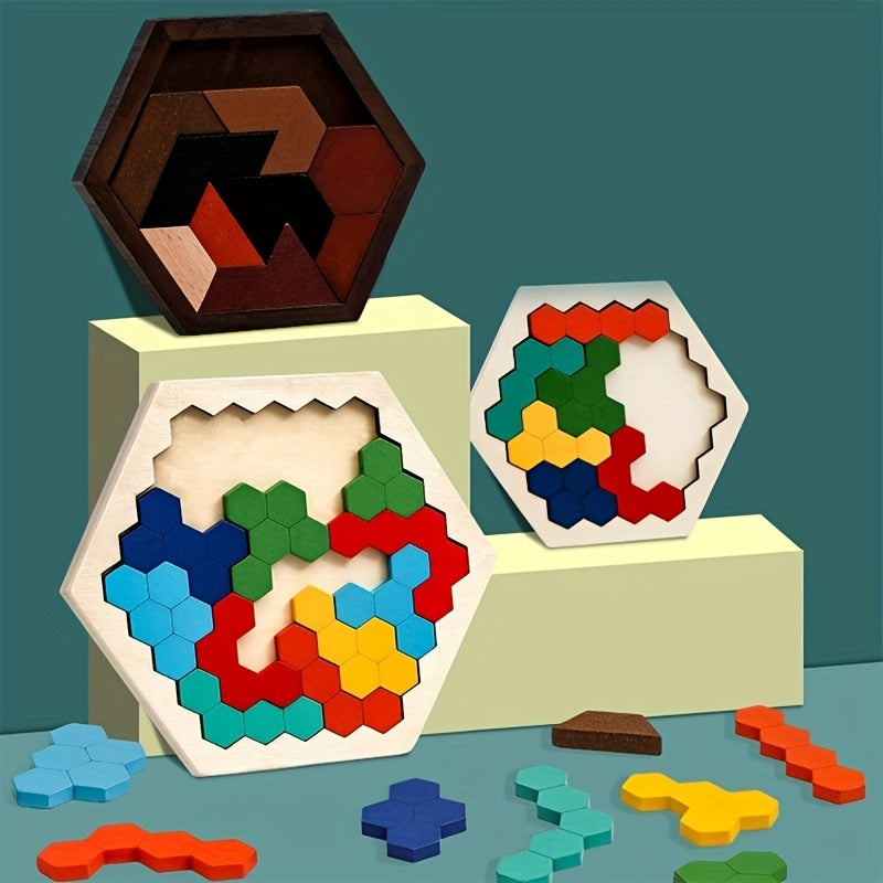 Puzzles en bois hexagonaux en 3D pour enfants, conçus comme jouets éducatifs. Ces jeux de Tangram sont parfaits pour tester l'intelligence et font des cadeaux de Noël et de vacances.