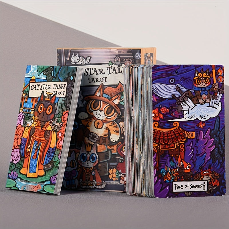 KEPNOY Cat Star Tales Tarot Deck, 78 cartes de taille standard, cartes de fortune en papier pour les jeux de fête, Halloween, Thanksgiving, cadeau de Noël, illustrations enchantantes