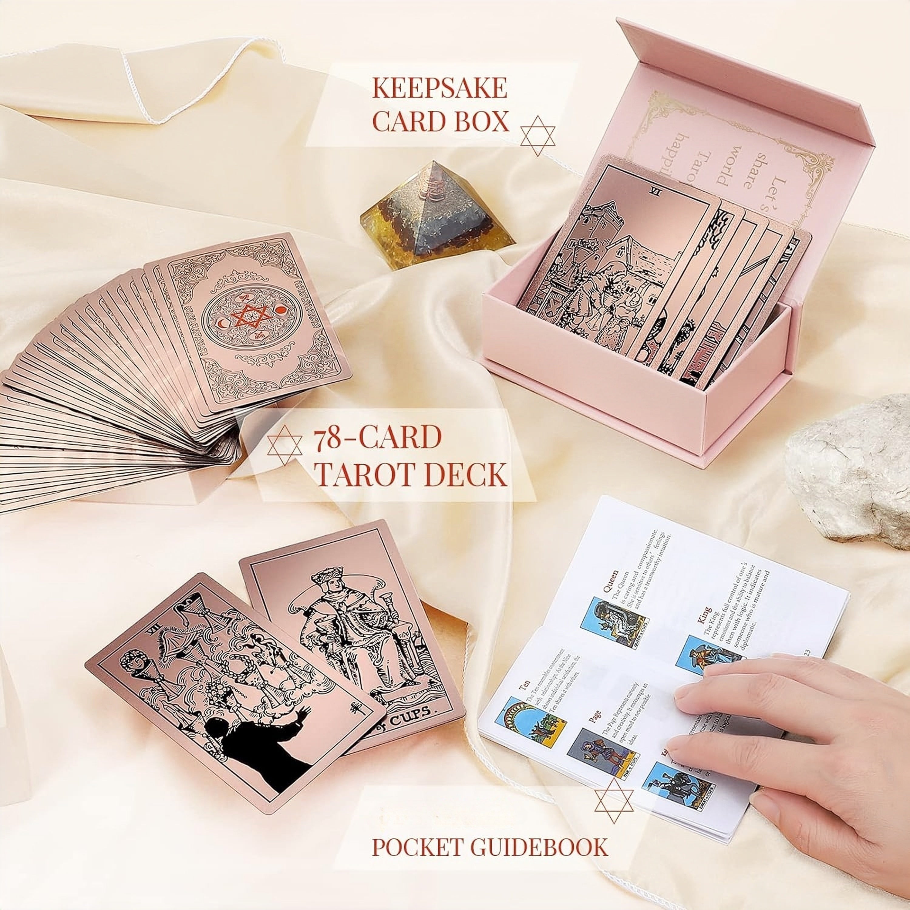 Cartes de Tarot Doré Rose - 78pcs Taille Standard, Étanches & Résistantes aux Plis, Jeu PET avec Guide pour Débutants et Experts